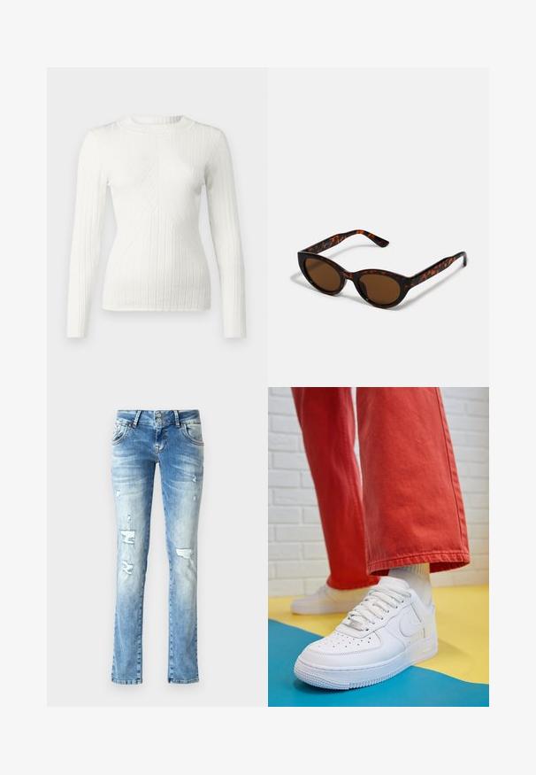 JDY JDYKATE - Trui - cloud dancer; Lichtblauwe denim jeans met een relaxte pasvorm, voorzien van versleten details, een knopenfly met twee knopen en rechte pijpen.; Witte leren sneaker met geperforeerde teenbox, gestructureerde zool en witte veters, gecombineerd met wijde rode broeken en een blauw-geel achtergrond.; Bruine schildpad zonnebril met een vintage cat-eye vorm en bruine lenzen. Heeft gebogen armen met rode accenten.; Gouden creolen met een gladde, glanzende afwerking. Circulaire vormgeving met een kleine post en een doorzichtige achterkant voor een veilige draagervaring.