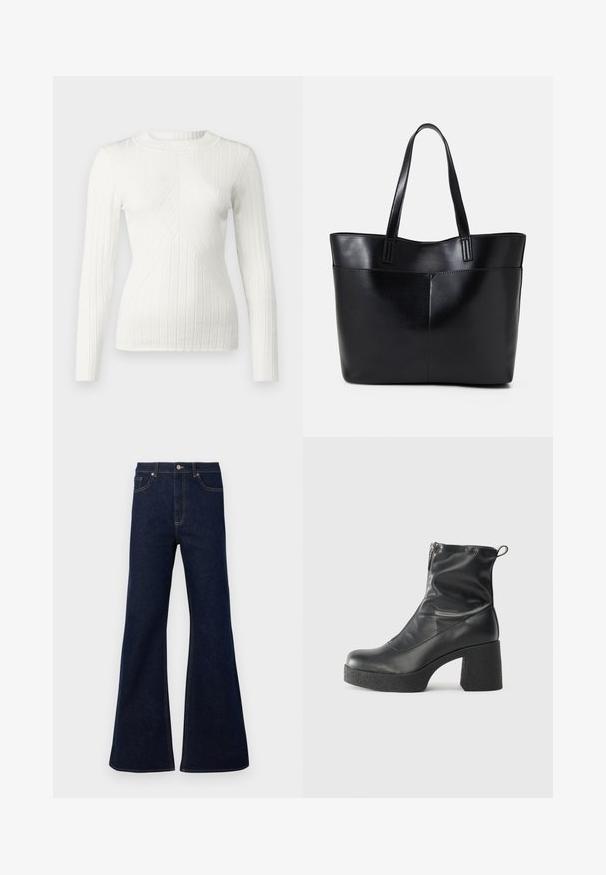 JDY JDYKATE - Džemperis - cloud dancer; Tamsiai mėlynos platėjančios džinsinės kelnės su aukštu liemeniu, priekiniu kišenėmis ir auksinėmis siūlėmis. Lygus paviršius su tradiciniu kirpimu.; Juodos kulkšninių botai, pagaminti iš lygaus odos, su šoniniu užtrauktuku, masyviu tekstūruotu kulnu ir apvaliu pirštu.; Juoda odinė rankinė su dviem ilgais diržais, lygiu paviršiumi ir struktūrizuota forma. Yra priekinė kišenė papildomam saugojimui.