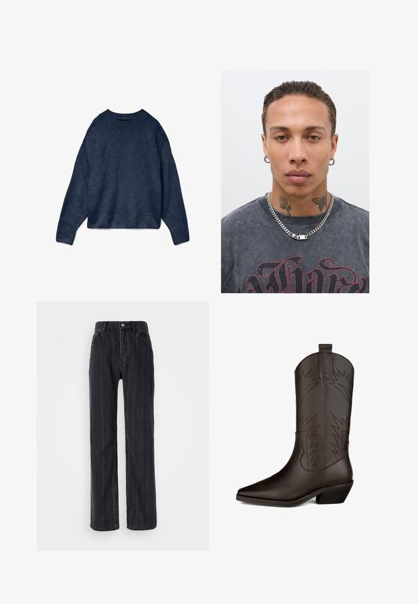 Tumedas sinine ümmarguse kaelusega sviiter pikkae varrukatega, soonikkoes manšettide ja alumise servaga, valmistatud pehmest kudumiskangast.; Kõrge vöökohaga mustad teksapüksid, millel on vertikaalne triipude muster, sirge lõikega disain ja ees metalne nööp.; Pruun nahast kauboi saabas, millel on terav varvas, kõrge varreosa, dekoratiivne tikand, mis meenutab välgusid, ja plokknina.; Mustas graafiline t-särk punase trükiga, hõbedane kett, ja mitmed näotätoveeringud, sealhulgas roos ja liblikas, lihtsa tausta ees.