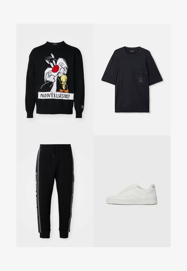 Zwarte gebreide trui met een illustratie van Sylvester de Kat en Tweety Bird, met rode en witte accenten en geribbelde manchetten.; Zwarte T-shirt met korte mouwen en ronde hals, voorzien van een klepzak aan de linkerkant van de borst met een klein rechthoekig logo-embleem.; Zwarte joggerbroeken met elastische tailleband, trekkoord, zijzakken, ribgebreide boorden en witte "Emporio Armani"-tekst langs de zijstrepen.; Witte leren sneaker met een gladde afwerking, ronde neus, platte veters en een gestructureerde zool. Kenmerkt zich door een subtiel logo op de hiel.