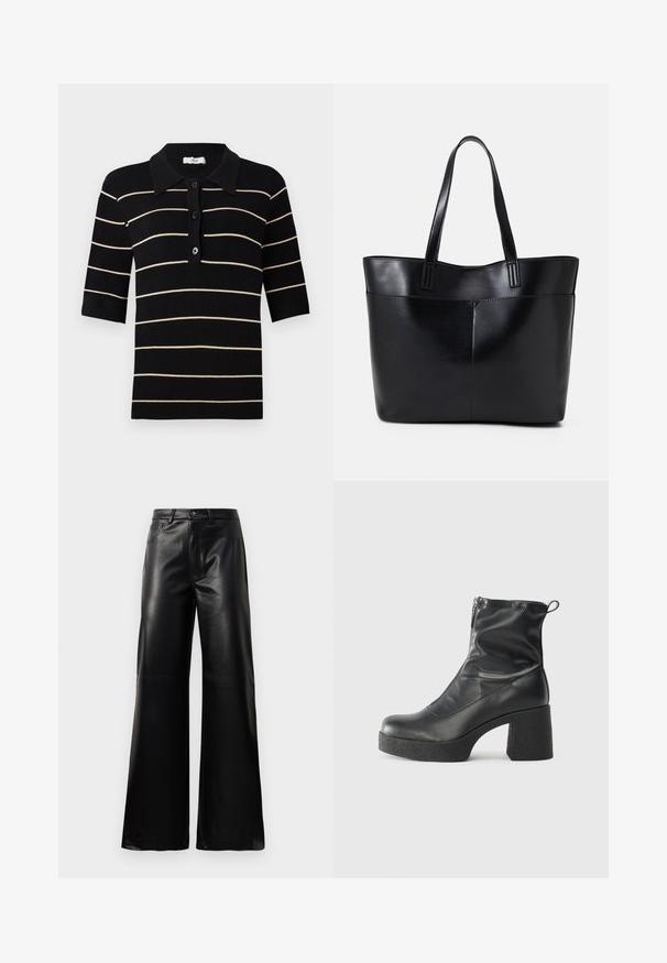 Melna un krēmkrāsas svītraina polo krekls ar īsām piedurknēm, pogu aizdari un ribu apkakli. Izgatavots no adītas auduma ar gludu tekstūru.; Melnas augstās jostas platajās kājās sintētiskās ādas bikses ar priekšējo pogu, rāvējslēdzēju, jostas cilpām un sānu kabatām uz baltā fona.; Melni potītes zābaki, kas izgatavoti no gludas ādas, ar sānu rāvējslēdzēju, masīvu strukturētu papēdi un noapaļotu purngalu.; Melnas ādas iepirkumu soma ar divām garām rokturām, gludu tekstūru un strukturētu formu. Iekļauj priekšējo kabatu papildu uzglabāšanai.