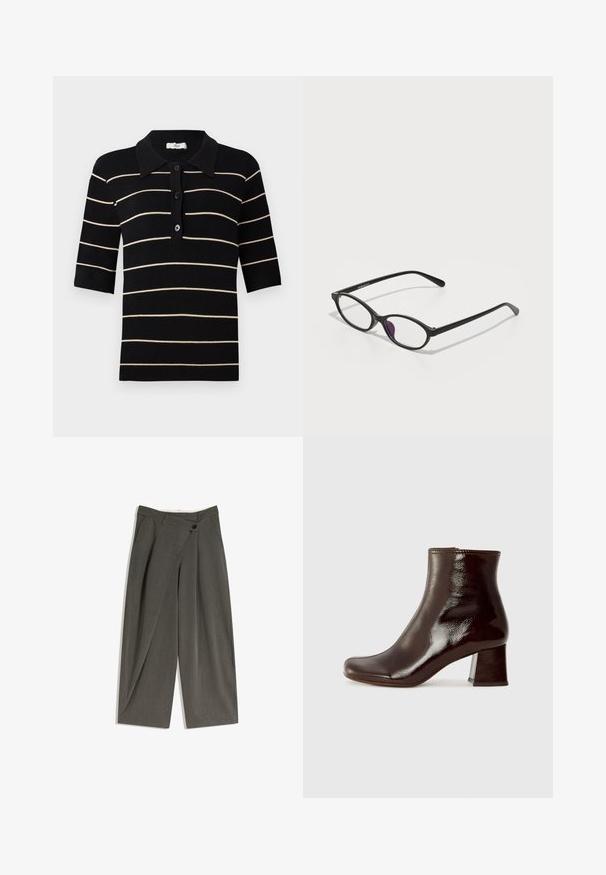 Mustavalkoraidallinen polo-paita lyhythihaisilla, nappi-edessä ja ribatulla kauluksella. Valmistettu neuloskankaasta, jossa on sileä rakenne.; Hartsi leveet housut tummanharmaasta kankaasta. Ominaisuuksia ovat tasainen etuosa, sivutaskut ja yksittäinen napitus. Silkkinen koostumus, muotoiltu istuvuus.; Chie Mihara MUKI - Kiilakorkonilkkurit - sucre choco; Musta muovinen silmälasi, jossa on soikea muoto, läpinäkyvät linssit ja yksi violetti korostus vasemmassa linssissä. Tyylikäs, minimalistinen muotoilu.