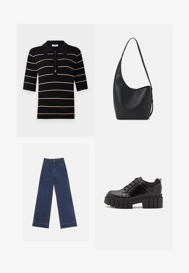 Mustavalkoraidallinen polo-paita lyhythihaisilla, nappi-edessä ja ribatulla kauluksella. Valmistettu neuloskankaasta, jossa on sileä rakenne.; Vyötäröltä leveät farkut tummansinisestä denimmateriaalista. Varustettu viidellä taskulla, vyölenkeillä ja näkyvillä sauman yksityiskohdilla. Raaka helma alareunassa.; Mustat nahkakengät, joissa on lättihenkinen korko, pyöreä kärki ja perinteinen nauhakiinnitys. Ominaisuuksiin kuuluu sileä pintakuvio ja minimaalinen yksityiskohtaisuus.; Musta nahkainen hobo-laukku, jossa on sileä pinta, kaareva muoto ja yksi säädettävä olkahihna; sisäänkäynti on leveä ylhäältä.