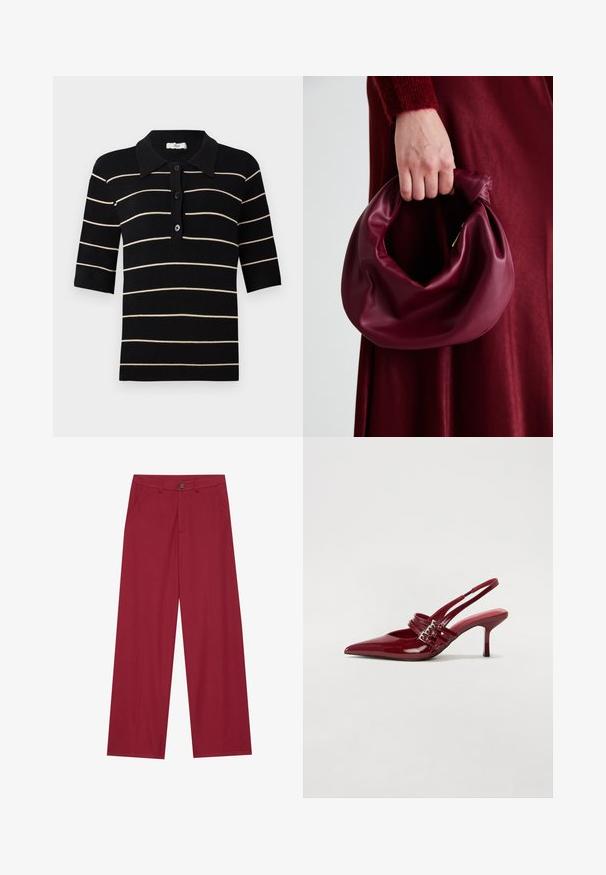 Svart og kremstripet polo-shirt med korte ermer, knappelukking foran og ribbet krage. Laget av strikket stoff med en glatt tekstur.; Vide ben bukser laget av glatt, teksturert stoff i en dyp rød farge. Har frontlommer og en enkelt knappelukking i midjen.; Røde patentleder slingback hæle med spids tå, to spænde stropper og en slank, mellemhøj stiletto hæl. Glat tekstur.; Bordeaux lærhåndveske med et mykt, samlet design og avrundet form. Håndtaket er festet, og viser en glatt tekstur.