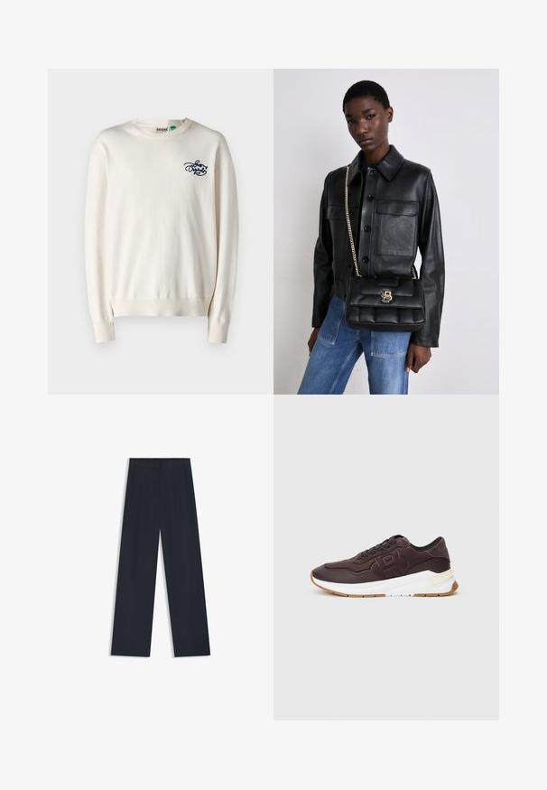 Cream sweater with ribbed hem and cuffs. Features a navy embroidered logo on the chest. Made from a soft, textured fabric.; Navy wide-leg trousers featuring an elastic waistband, two side pockets, and a smooth, woven texture. No visible patterns or hardware details.; Dark brown sneaker with black lining, embossed logo on side, white thick sole, and gum-colored outsole on a plain background.; Black leather jacket with button closure and two front pockets, paired with a black quilted handbag featuring a gold clasp and chain strap.