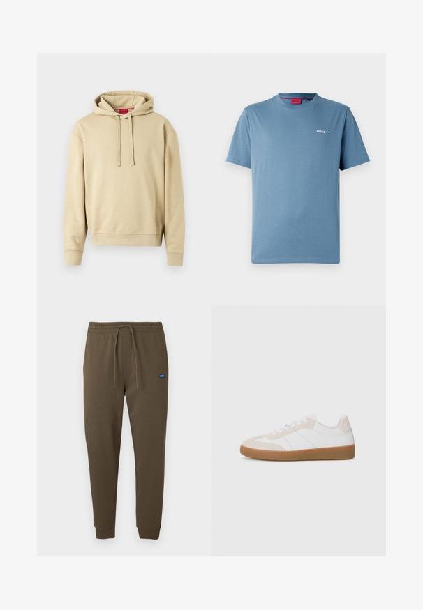 Beżowy sweatshirt z kapturem, z troczkami i ściągaczami przy rękawach, z małym logo na piersi i czerwoną metką wewnątrz kołnierza.; Niebieska koszulka z krótkim rękawem i okrągłym dekoltem, z małym białym logo „HUGO” na lewej piersi oraz czerwoną metką od wewnętrznej strony kołnierza.; Ciemnooliwkowe spodnie dresowe z elastycznym pasem, sznurkiem do ściągania, bocznymi kieszeniami i ściągaczami przy nogawkach. Mała niebieska naszywka z logo po lewej stronie.; Białe i beżowe sneakersy z elementami z zamszu i skóry. Posiadają gumową podeszwę, sznurowany design i minimalistyczne paski po bokach.
