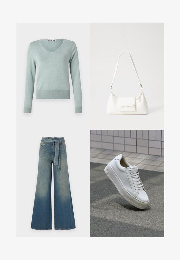 Šviesiai žalias V formos megztinis, pagamintas iš minkštos, raštuotos medvilnės. Turi ilgas rankoves ir prigludusią apačią, su subtiliu tekstūruojančiu raštu visame paviršiuje.; Platus džinsinis kelnes su šviesiai tamsiai mėlynu gradientu, aukštu juosmeniu, diržo kilpomis ir atitinkančiu audinio diržu. Textūruotas džinsinis paviršius.; Balti odiniai sportbačiai su žemu dizainu, plokščiais raišteliais, apvaliu pirštu ir tekstūruotomis šoninėmis dalimis. Storas guminis padas su subtiliais akcentais.; Balta sintetinė rankinė trikampio formos, plokščiu priekiu su užsegimu, kaspino detale, reguliuojama dirželiu, lygia tekstūra ir minimalistišku dizainu.