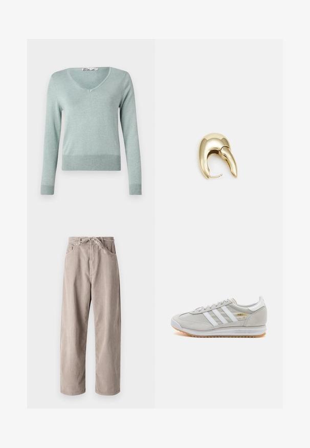 Gaiši zaļš v-veida džemperis, kas izgatavots no mīksta, ribota dzijas materiāla. Tam ir garas piedurknes un pieguļošs apakšmali, ar smalku tekstūru visā virsmā.; Bežīgas korduroja bikses ar brīvu piegriezumu, ar saistāmām jostām, divām priekšējām kabatām un vertikālu ribotu tekstūru.; Gaišpelēka kedas, izgatavotas no zamša un sieta, ar trim baltām svītrām, apaļu purngalu un gumijas zoli. Zelta logo akcenta detaļa blakus auklām.; Zeltīti metāla auskari ar gludu, izliekta dizaina. Ar atšķirīgu smailu formu, pulētu virsmu un eņģu aizdari.
