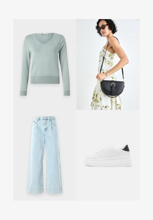 Lysegrønn genser med v-utsnitt laget av mykt, ribbestrikket materiale. Har lange ermer og en innsvingt nederkant, med subtil struktur gjennom hele.; Lyseblå vide jeans laget av denim, med høy midje, frontlommer og sømmer i kanten.; Hvite plattform sneakers laget av glatt syntetisk materiale, med rund tå, snøring og en strukturert gummisåle. Svart hæl akcent.; Svart lærveske med en buet form, avtagbar stropp og gullbeslag. Vesken har et klaff med spenne-detall.