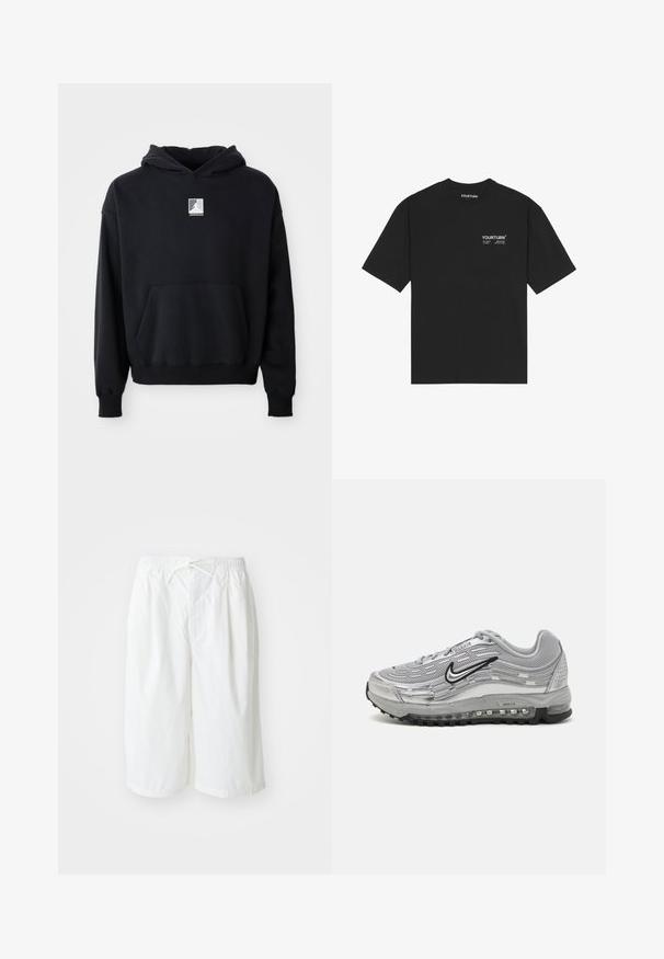 Crna hoodica s prednjim džepom i malim bijelim Jordan logotipom centriranim na prsima, prikazana na jednostavnoj bijeloj pozadini.; Crna pamučna majica s okruglim izrezom, kratkim rukavima i bijelim printanim logotipom na prsima. Jednostavan dizajn s opuštenim krojem.; Bijele kratke hlače s elastičnim pojasom i vezicom, prikazane protiv jednostavne svijetle pozadine. Pogodne za ležerno nošenje ili u toplom vremenu.; Sivi Nike Air Max tenisice s mrežastim i sintetičkim gornjim dijelom, valovitom uzorkom, crnim detaljima i vidljivom zračnoj jastučiću.