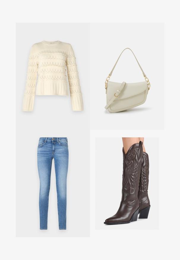 YAS YASTIMU PULLOVER - Pulóver - birch; Vékony fit világoskék farmernadrág, közepes derekú, elöl gombbal, öt zsebes kialakítással.; Barna bőr cowboy csizmák hegyes orral és blokk sarkal, részletes varrással és kiemelkedő díszítésekkel a szárán.; Kis krémszínű táska texturált felülettel, hosszú, állítható pánttal, láncos díszítéssel és fedéllel záródik. Aranyszínű fém részletek.; Arany fülbevalók sima, fényes felülettel. Kör alakú dizájn, amely kis kapoccsal és átlátszó tartozékkal rendelkezik a biztonságos viselés érdekében.