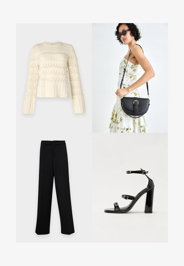YAS YASTIMU PULLOVER - Pulóver - birch; Fekete, széles szárú nadrág sima anyagból, klasszikus derékrésszel, gombzárral és elülső redőkkel.; Fekete lakk magas sarkú szandál négyzet alakú orral, bokapántokkal és ezüst csatokat tartalmaz. Masszív blokk sarka a stabilitásért felel.; Fekete bőrtáska ívelt formával, levehető pánttal és arany színű fémrészekkel. A táskán egy csattal díszített fedél található.