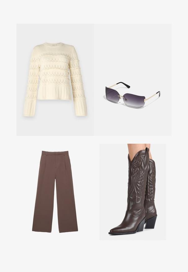 YAS YASTIMU PULLOVER - Neule - birch; Löysät housut tummanruskeasta kankaasta, joka on sileäpintaista, edessä laskoksia ja muotoiltu vyötärö. Ei näkyviä logoja tai kuvioita.; Ruske nahkasaappaat, joissa on terävä kärki ja laatikkokorko, varustettu yksityiskohtaisella ompelulla ja kohotetuilla yksityiskohdilla varsiosassa.; Aurinkolasit, joissa on harmaan sävyttävä linssi, kultainen metallirunko ja mustat muoviyksityiskohdat. Yksilölliset perhosenkoukkutyyppiset linssit, joissa on ohuet varret.; Kultaketjut kullasta, joissa on sileä, kiiltävä pinta. Pyöreä muotoilu, jossa on pieni tappi ja kirkas taustalevy turvalliseen käyttöön.