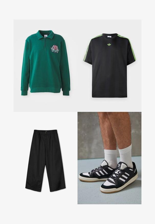 Zeleni pulover s polu-zipom, rebrastim manžetama i izvezenim logotipom na lijevoj strani prsnog koša. Mekana, teksturirana tkanina.; Crna majica kratkih rukava od glatkog materijala s okruglim izrezom, sa tri zelene pruge na ramenima i malim zelenim logotipom na prsima.; Kaotiko PANT DANDY WIDE LEG UNISEX - Hlače - black; Crne i bijele tenisice s gornjim dijelom od antilopa i kože, s tri bijele pruge, perforiranim prstom i gumiranim potplatom.