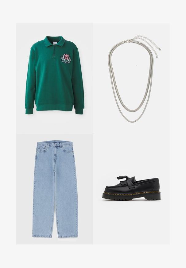 Sweatshirt verde com fecho de quarto, punhos canelados e um detalhe de logótipo bordado no lado esquerdo do peito. Tecido macio e texturizado.; Jeans de denim azul claro com design de perna reta, apresentando uma cintura de altura média, cinco bolsos e um fecho de botão e zíper.; Mocassim de couro preto com um detalhe de franjas, apresentando uma sola preta robusta e costura amarela ao longo da borda. Acabamento texturizado.; Colar de metal prateado em três camadas, com correntes flexíveis e elegantes que possuem um leve brilho, fechado com um fecho de lagosta e corrente ajustável.