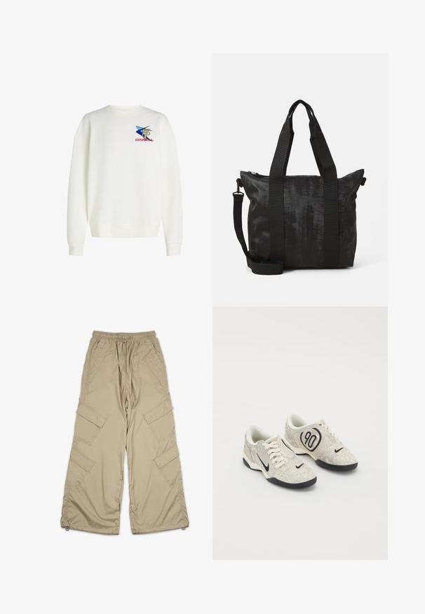 Hvid sweatshirt med rund hals, løs pasform og ribstrikkede manchetter. Har et blåt og gult grafisk logo på venstre bryst.; Beige cargo bukser med snoretræk i taljen, flere sidelommer og en afslappet pasform. Lavet af letvægts, glat stof med syning detaljer.; Nike sneakers med en beige og grå tekstureret overdel, sorte accenter, et stort "90" logo og en hvid snørebåndslukning. Sort sål.; Sorte tote taske med tekstureret stof, dobbelt topremme og en aftagelig skulderrem. Har en lynlåslukning for sikker opbevaring.