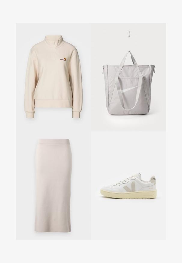 Carhartt WIP AMERICAN HIGH NECK - Sweater - moonbeam; Zwarte langemouwen cropped top in geribbeld textuur, met een brede ronde halslijn en een aansluitende pasvorm, voorzien van een subtiele merklogo-accent.; Gebreide kokerrok in lichtbeige kleur, met een geribbelde tailleband, een slim fit en een zijsplit voor bewegingsgemak. Zachte textuur, minimalistisch ontwerp.; Witte leren sneaker met beige suède accenten, geperforeerde neus, platte veters en een gestructureerde crèmekleurige zool. Heeft subtiele branding op de hak.; Grijze tote bag met versterkte handvatten, een voorzak met rits en een wit Nike swoosh-logo. Gemaakt van duurzame stof met een gladde textuur.