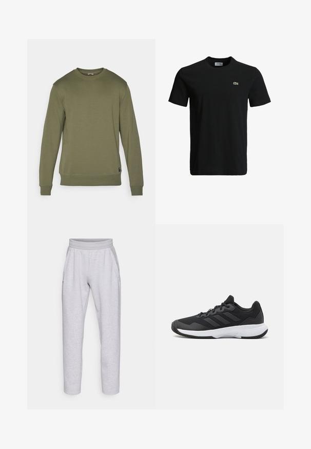 Felpa verde oliva con colletto rotondo, maniche lunghe e polsini a costine. Tessuto morbido con una texture semplice e delicati dettagli di cucitura.; T-shirt in cotone nero con colletto rotondo, maniche corte e un piccolo logo di coccodrillo verde sul lato sinistro del petto. Texture liscia, design casual.; Pantaloni sportivi grigi chiari realizzati in tessuto morbido, con vita elasticizzata, due tasche laterali e gambe a fascio con orlo elasticizzato.; Scarpa da ginnastica nera con parte superiore texturizzata, tre strisce orizzontali e una suola bianca con battistrada a motivo. Design leggero e aerodinamico.