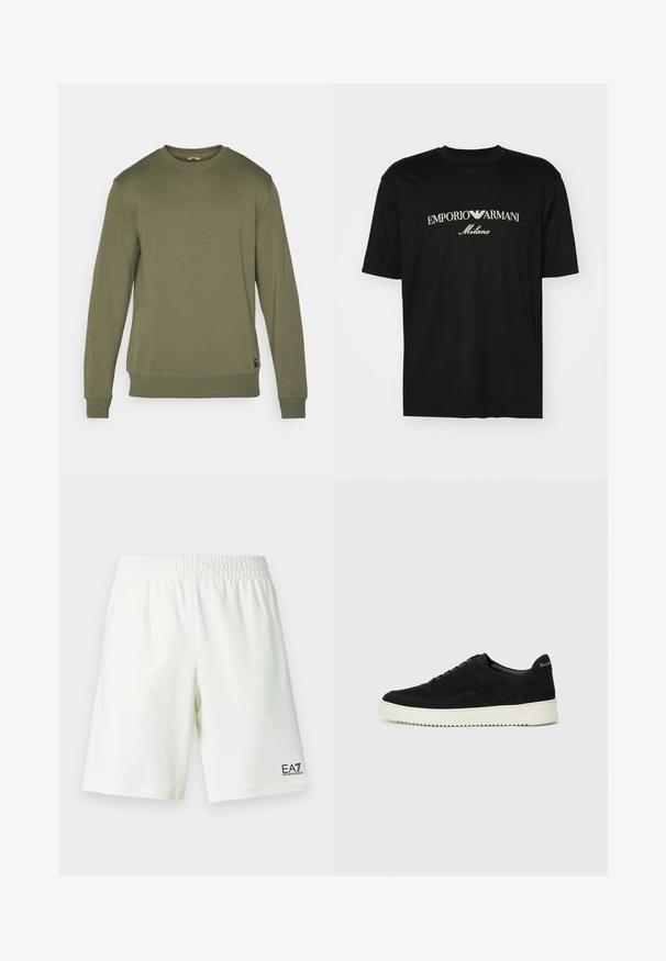 Sudadera verde oliva con cuello redondo, mangas largas y puños de canalé. Tela suave con una textura lisa y detalles de costura sutiles.; Camiseta de algodón negra con cuello redondo, mangas cortas y el logo de "EMPORIO ARMANI" en blanco sobre "Milano" en un diseño curvado.; Pantalones cortos con cintura elástica blanca y logo EA7 Emporio Armani en negro en la parte inferior del lado derecho.; Zapatilla de ante negra con diseño de cordones y suela de goma blanca contrastante. Presenta paneles laterales texturizados y un sutil logo en el talón.