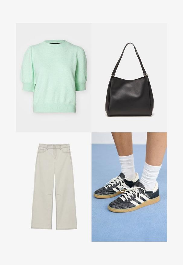 Miętowozielony sweter dzianinowy z krótkim rękawem, okrągłym dekoltem, strukturalnym materiałem oraz dopasowanym ściągaczem przy mankietach i u dołu.; Jasnoszare spodnie szerokie w nogawkach z pięcioma kieszeniami, zapinane na guzik z przodu, z kontrastującymi szwami. Materiał wydaje się miękki i trwały.; Czarne skórzane sneakersy z białymi paskami, okrągły czubek, białe sznurowadła i gumowa podeszwa. Podkreślone wyściełanym kołnierzem i detalami z logo.; Czarna torebka na ramię z syntetycznej skóry o miękkiej strukturze, w kształcie hobo, z podwójnymi ramiączkami. Posiada połyskliwe wykończenie i minimalistyczny design.