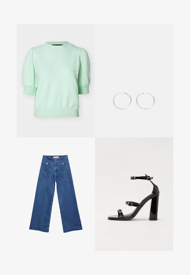 Mátově zelený pletený svetr s krátkým rukávem, kulatým výstřihem, strukturovanou látkou a přiléhavým žebrovaným lemem na manžetách a spodním okraji.; Džínové kalhoty širokého střihu s středně modrým omakem, dvěma předními kapsami se zapínáním na knoflíky a prošíváním podél lemů.; Černé lakované sandály na podpatku se čtveratou špičkou, lýtkovými pásky a stříbrnými přezkami. Disponují masivním blokovým podpatkem pro stabilitu.; Stříbrné kruhové náušnice s elegantním, kulatým designem, s hladkým povrchem a bez viditelných ozdob. Průměr není specifikován.