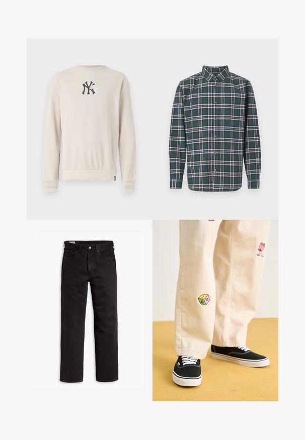 Beżowy sweter z ribbed, z granatowym logo na klatce piersiowej, okrągłym dekoltem i ściągaczami przy mankietach. Gładka tekstura z luźnym krojem.; Zielona flanelowa koszula w kratę z niebieskimi, białymi i musztardowymi liniami. Zapięcie na guziki z przodu i spiczasty kołnierzyk. Długie rękawy.; Czarne dżinsy proste z pięcioma kieszeniami, zapięciem na guzik i paskiem, rozłożone na białym tle.; Beżowe bawełniane spodnie z zabawnymi haftowanymi wzorami, w tym różową postacią i kolorowym blokiem, w połączeniu z czarnymi sznurowanymi sneakersami.