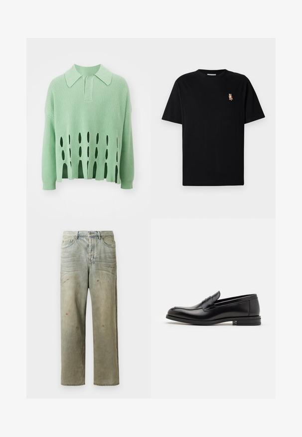Mentazöld kötött pulóver, galléros nyakkal, a szélén kivágott lyukakkal és bordázott textúrával az egész felületen.; Fekete, rövid ujjú, kerek nyakú póló, bal mellen kis hímzett narancssárga róka logóval.; Fakó zöld, kopott farmerszadrág, egyenes lábbal, ötk zsebes kialakítással, egyenetlen kopással és festékcseppekkel.; Fekete bőr loaferek sima textúrával, kerek orral és dekoratív pánttal a vampnál. Alacsony, rétegelt sarkú, minimalista dizájn.