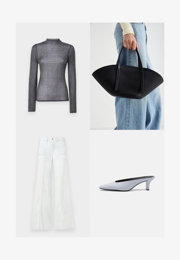 Hosszú ujjú, magas nyakú felső sötétszürke színben. Puha, rugalmas anyagból készült, bordázott textúrával és testhezálló kialakítással. Nincs látható fémrész vagy dísz.; Világoskék, bő szabású denim nadrág elülső zsebekkel és övhurkokkal, egyszínű háttér előtt bemutatva.; Világoskék patent bőr mules, hegyes orral, alacsony átlátszó sarokkal, és egy letisztult dizájnnal, amelynek a vampjén kivágás található.; Fekete bőr kézitáska egyedi legyezőformával, lapos füllel. A felülete kőriszerű textúrájú és minimalista dizájnnal rendelkezik.