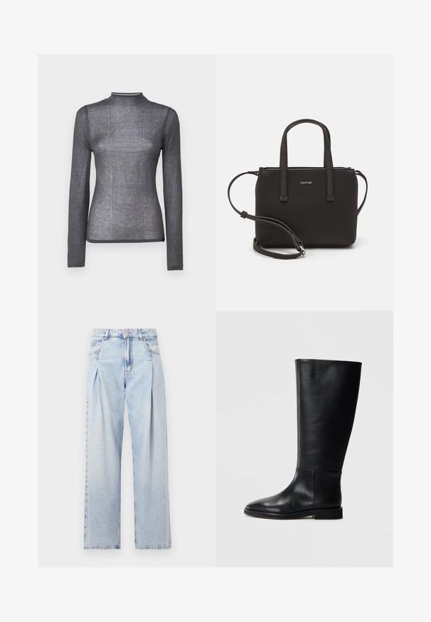 Pitkähihainen, korkeakauluksinen tummaharmaa paita. Valmistettu pehmeästä, joustavasta kankaasta, jossa on ribbitekstuuri ja vartalonmyötäinen muoto. Ei näkyviä varusteita tai koristeita.; Vaaleansiniset farkut, joissa on korkea vyötärö, leveälahkeinen leikkaus, kaksi sivutaskua ja pleatattu muotoilu. Pehmeä rakenne, jossa on haalistunut viimeistely.; Mustat nahkaiset polvipituiset saappaat, joissa on pyöreä kärki, sileä pinta, minimalistinen muotoilu ja tasapohja. Yksinkertaiset sauman yksityiskohdat varressa.; Musta käsilaukku, jossa on kaksinkertaiset lyhyet kahvat ja irrotettava olkahihna. Silkkinen nahkatunneinen materiaali, jossa on vetoketjukiinnitys ja logoyksityiskohta.