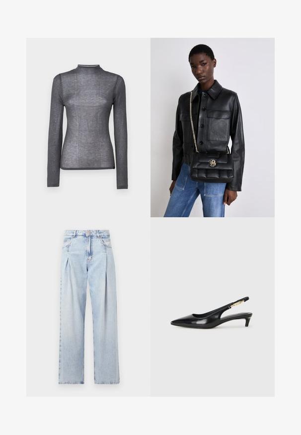 Långärmad topp med hög krage i mörkgrått. Tillverkad av ett mjukt, elastiskt tyg med ribbad yta och figurnära design. Ingen synlig hårdvara eller accenter.; Ljust blå denimjeans med hög midja, vida ben, två sidofickor och veckad design. Mjuk textur med en blekt finish.; Svart läder slingback-hälar med spetsig tå, med en smal klack och en guldtonad detalj på den justerbara remmen. Slät textur.; Svart läderjacka med knappstängning och två framfickor, i kombination med en svart vadderad handväska med ett guldspänne och kedjerem.