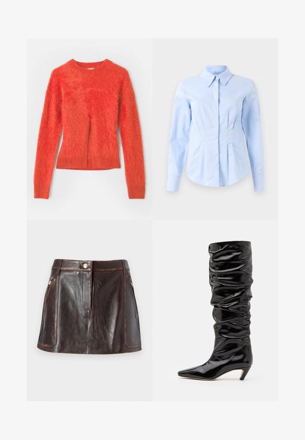 Red, fuzzy sweater with long sleeves and a round neckline. Features a slightly oversized fit and ribbed hem at the bottom.; Light blue long-sleeve fitted shirt with pointed collar and concealed front buttons, tailored waist, and buttoned cuffs.; Brown leather mini skirt featuring a sleek design, two zippered side pockets, and contrasting stitching along the edges.; Black, glossy knee-high boot with a ruched texture, pointed toe, and a low cone heel. Smooth material with subtle sheen.
