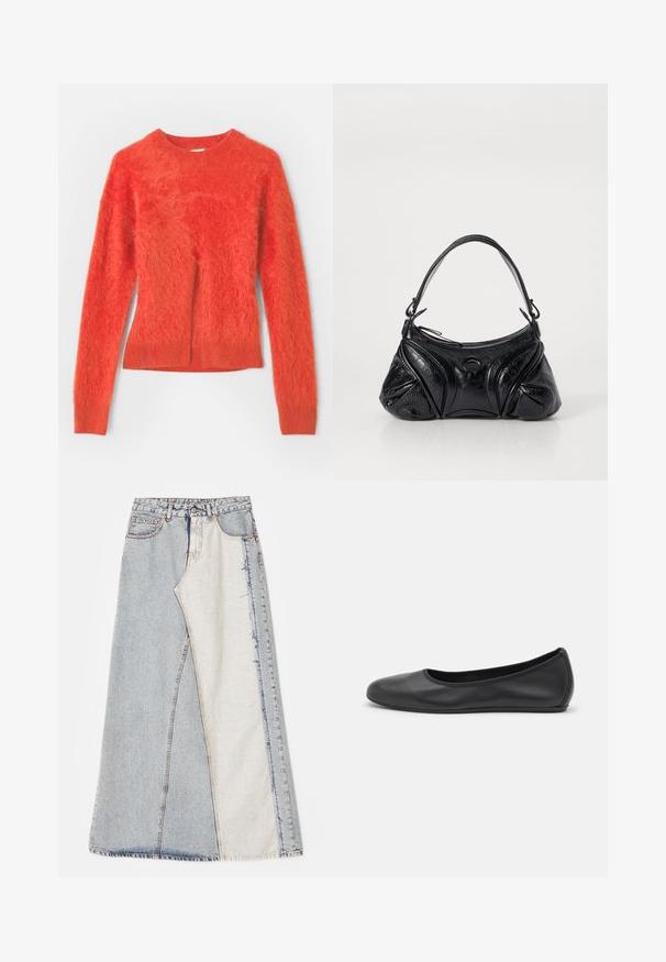Roter, flauschiger Pullover mit langen Ärmeln und rundem Ausschnitt. Hat einen leicht übergroßen Schnitt und einen gerippten Saum am unteren Ende.; Jeansrock mit einem Patchwork-Design in hell- und mittelblauen Abschnitten, ausgefransten Säumen und hoher Taille. Klassischer Fünf-Taschen-Stil.; Schwarze Leder-Ballettschuhe mit abgerundeter Spitze, glatter Textur, minimalen Nähdetails und einem flexiblen Sohlen-Design.; Schwarze Handtasche aus strukturiertem Leder mit runder Form. Verfügt über einen dünnen Schulterriemen und dekorative geprägte Muster.