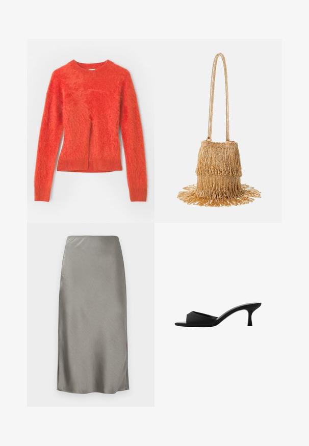 Röd, fluffig tröja med långa ärmar och rund halsringning. Har en något oversized passform och ribbat avslut i botten.; Grå satin midi kjol med en slät och mjuk textur. Lätta sidoklyftor förhöjer rörelse. Minimalistisk design, åtsittande midja och rak siluett.; Svarta klackade mules med tår med bred öppen tå och en böjd överdel. Tillverkade av strukturerat tyg, med en slank klack och en slät sula.; Guldbeadad handväska med fransdesign; har en kedjesnor och lager av texturerade dekorationer som sträcker sig från botten.
