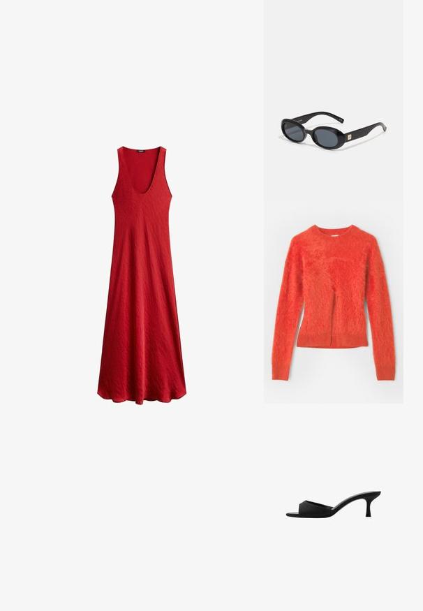 Roter, flauschiger Pullover mit langen Ärmeln und rundem Ausschnitt. Hat einen leicht übergroßen Schnitt und einen gerippten Saum am unteren Ende.; Weißes Baumwoll-T-Shirt mit kurzen Ärmeln, rundem Ausschnitt und glatter Textur. Die Rückseite ist einfarbig ohne zusätzliche Muster oder Designs.; Rotes ärmelloses Kleid mit tiefem V-Ausschnitt, aus strukturiertem Stoff. Fällt sanft von der Taille und schafft eine entspannte Silhouette.; Schwarze Absatzmules mit einer breiten, offenen Zehenpartie und einem geschwungenen Oberteil. Hergestellt aus strukturiertem Stoff, mit einem schlanken Absatz und einer glatten Sohle.; Schwarze ovale Sonnenbrillen mit dunklen Gläsern, glänzendem Kunststoffrahmen, breiten Bügeln und einem kleinen goldenen Akzent auf einer Seite.; Schwarze gewebte Leder-Clutch im rechteckigen Design, ausgestattet mit einem dünnen Griff und dezenten goldfarbenen Hardware-Details.