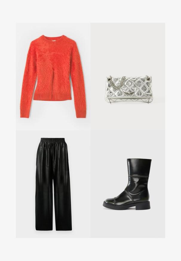 Crvena, pahuljasta dugo rukava sa okruglim izrezom. Ima blago prevelik kroj i rebrasti rub na dnu.; Crne kožne hlače širokih nogavica s elastičnom trakom u struku, koje imaju dva bočna džepa i glatku, sjajnu površinu.; Crne kožne gležnjače s zaobljenim vrhom, glatkom završnom obradom, kontrastnim šavovima i blok petom, koje imaju blago sužen siluetu.; Srebrna metalik torba s lancem za nošenje, kviltana tekstura, dekorativni šavovi i zatvaranje na patentni zatvarač. Sadrži reljefne naglaske na prednjoj strani.