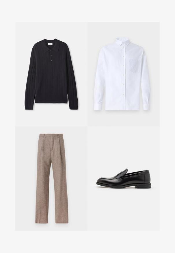 Pulover tricotat în pantaloni lungi, de culoare bleumarin închis, cu trei nasturi și mansete cu model côtelé, având un model texturat cu dungi verticale.; Cămașă albă cu mânecă lungă, din bumbac, prevăzută cu un buzunar pe piept cu broderie tonală, guler și manșete cu buton.; Pantaloni bej, cu talie înaltă, dintr-un material texturat. Prezintă picioare late și două pliseuri frontale pentru structură. Finisaj îngrijit, fără accesorii vizibile.; Mocasini din piele neagră cu o textură netedă, vârf rotund și o curea decorativă peste partea superioară. Toc mic, design minimalist.