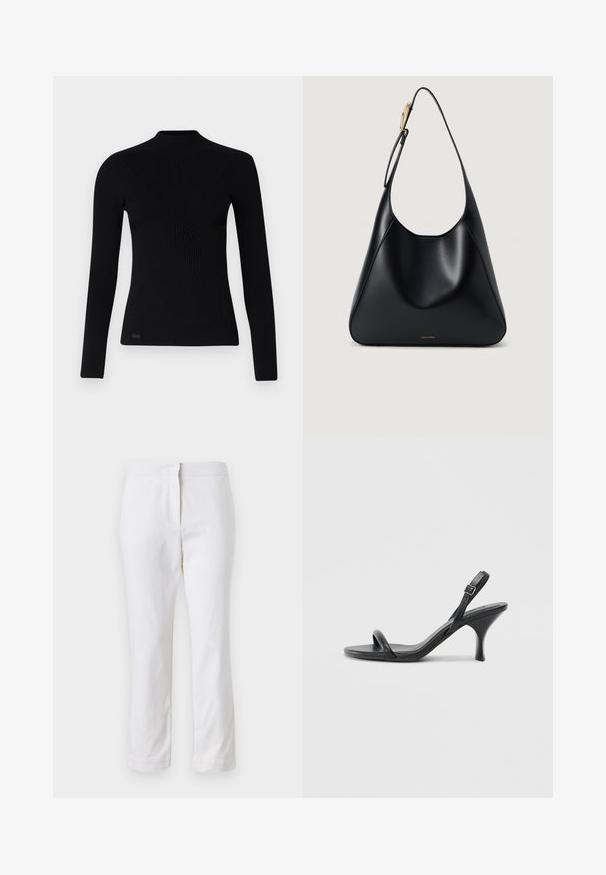 Musthave musta pikkade varrukatega ribakudumis-sviiter kõrge kaelusega, mis omab sobivat lõiget ja tekstureeritud kangast. Väike logo vasakus alumises nurgas.; Valged puuvillased püksid sirge lõikega, keskmise kõrgusega vöökoht ja ilma nähtavate detailide või mustriteta. Ühtlane sile tekstuur.; Mustad nahast kõrgete kontsadega sandaalid, millel on saledad, kõverad kontsad ja ristatud rihma disain. Reguleeritav pahkluu rihm. Sile tekstuur.; Must mustriba mustkott, millel on sile tekstuur, kõver siluett ja kuldne riistvara aksent. Omab reljeefset brändilogo alusel.
