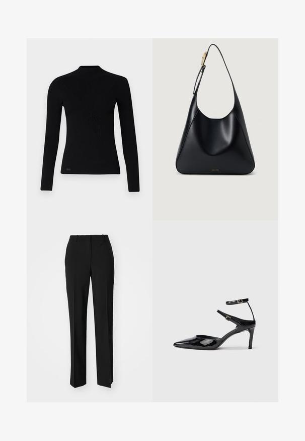 Svart langermet ribbestrikket genser med høy hals, med en kroppsnær passform og teksturert stoff. Liten logo nederst til venstre.; Sorte skreddersydde bukser med rett silhuett, med en glatt tekstur og klare pressede bretter foran. Ingen synlig maskinvare.; Sorte lakkede hæle med spids tå, justerbare ankelstropper og en slank hæl. Glat tekstur med en skinnende overflade.; Svart lær skulderveske med glatt tekstur, buet silhuett og gullfarge detaljer. Har preget merkevarelogo nederst.