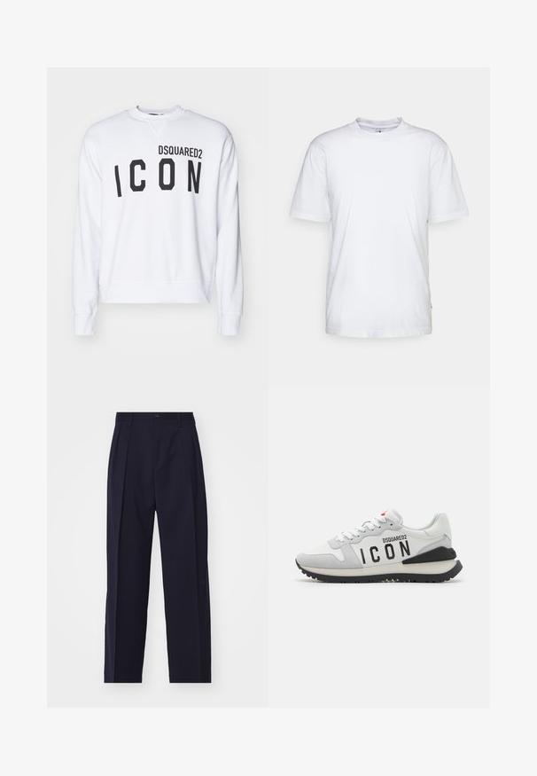 Sweatshirt blanc arborant "DSQUARED2" et "ICON" en lettres noires gras. Encolure ras du cou avec des poignets et un ourlet inférieur côtelés. Coupe décontractée.; T-shirt en coton blanc avec un col rond, des manches courtes et un ourlet droit. Présente une petite étiquette de marque sur la couture latérale gauche.; Pantalon bleu marine, ajusté, avec une coupe droite, des plis à l'avant, fermeture à bouton et sans poches visibles. Texture de tissu lisse.; Baskets en cuir blanc et suède gris, avec un logo "ICON" noir, des lacets blancs et une semelle en caoutchouc noire.