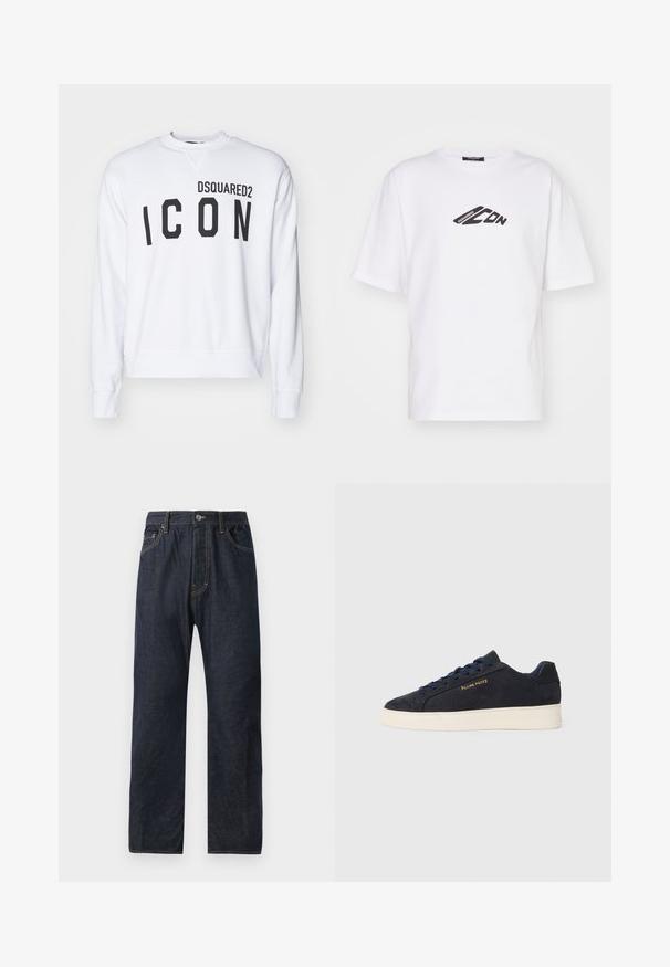 Bijela dukserica s natpisom "DSQUARED2" i "ICON" u podebljanim crnim slovima. Okrugli izrez s rebrastim manžetama i donjim rubom. Ležeran kroj.; Bijela pamučna majica s crnim grafičkim logom na prsima. Kratki rukavi, okrugli izrez i opušteni kroj.; Tamno plave traperice s ravnim nogavicama, koje imaju pet džepova, diskretno šivanje i dugme za zatvaranje na pojasu.; Navy plave sačmene niske tenisice s bijelim potplatom, mornarskim vezicama i "Filling Pieces" logotipom u zlatnoj boji sa strane.