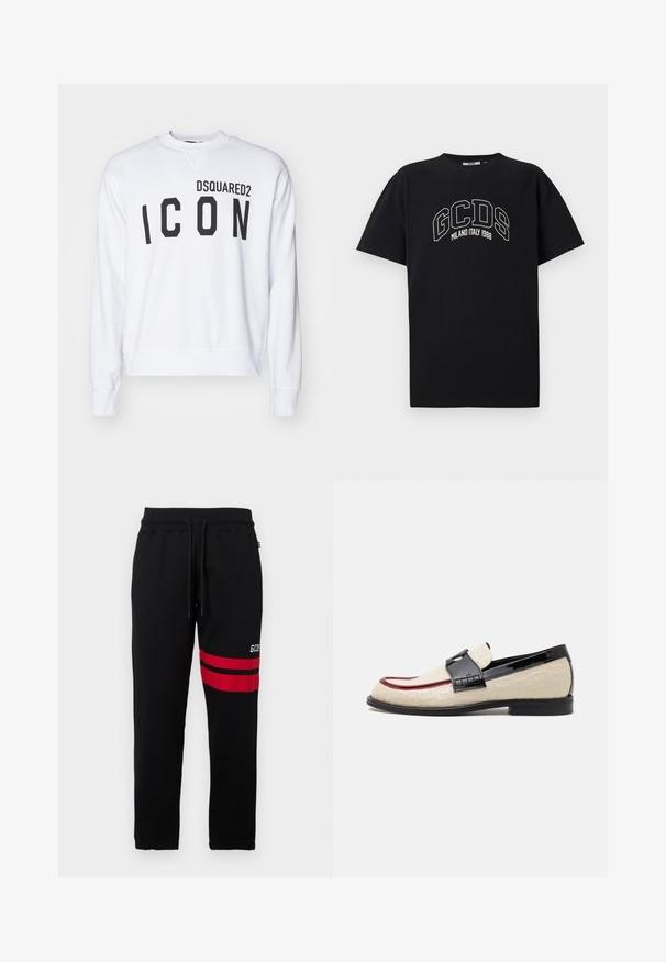 White sweatshirt featuring "DSQUARED2" and "ICON" in bold black lettering. Crew neckline with ribbed cuffs and bottom hem. Casual fit.; Black cotton t-shirt with short sleeves. Features white GCDS logo and "MILANO ITALY 1988" text in an arch. Standard fit and crew neck.; Black sweatpants with contrast red stripes and logo on the side. Features an elastic waistband with drawstring and tapered ankle cuffs.; Beige loafers with embossed pattern, red accent stripe, and glossy black heel. Features a strap with buckle detail. Flat black sole.