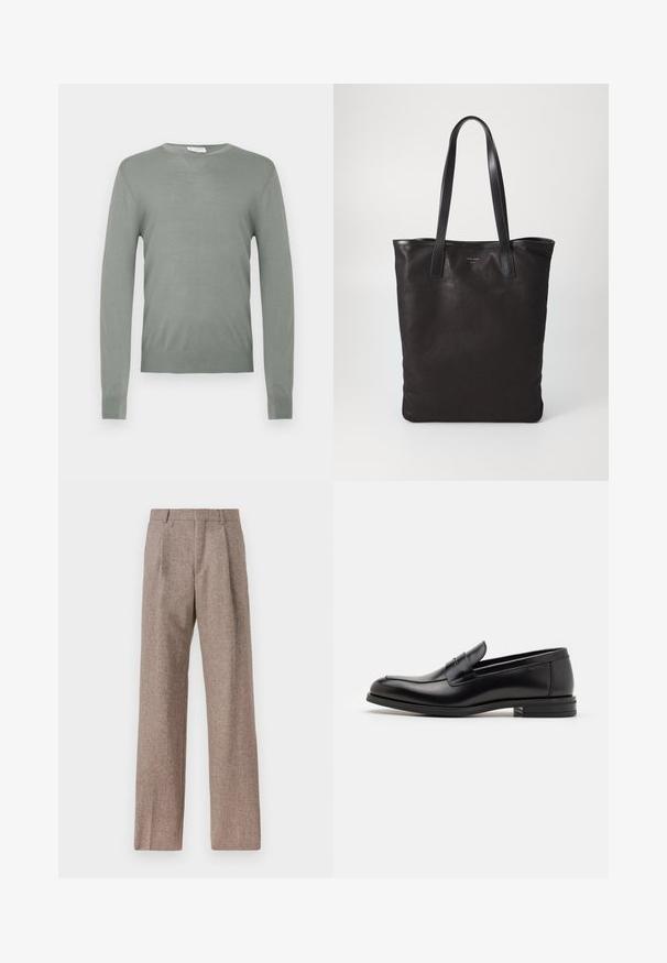 Light green knitted sweater with long sleeves and a crew neckline. Smooth texture with ribbed cuffs and hem. No visible hardware or patterns.; Brown, high-waisted trousers made of textured fabric. Features wide legs and two front pleats for structure. Neat finish with no visible hardware.; Black leather loafers with a smooth texture, rounded toe, and a decorative strap across the vamp. Low stacked heel, minimalist design.; Black canvas tote bag with black leather handles. Simple design, spacious body, and a smooth texture. No visible logos or patterns.