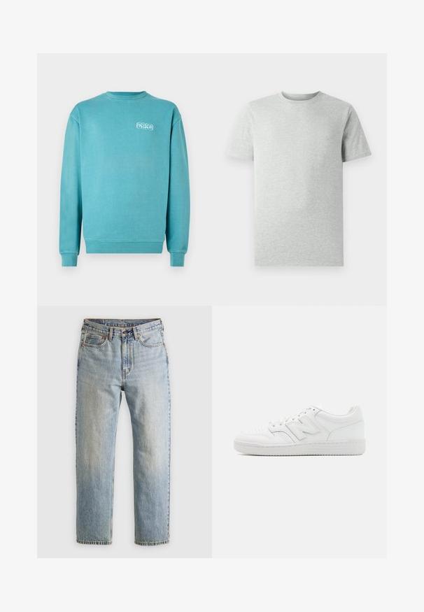 Tyrkysová bavlnená mikina, kruhový výstrih, dlhé rukávy, rebrované manžety a spodný lem, obsahuje malú bielu grafickú značku na ľavej strane hrude.; Jednoduché svetlošedé tričko s krátkym rukávom a okrúhlym výstrihom, vystavené na bielom pozadí, pohľad z prednej strany bez viditeľných log a dizajnov.; Svetlomodré džínsy s vysokým pásom, predným gombíkom, zipsom a dizajnom s piatimi vreckami, rozložené na neutrálnom pozadí.; Biele tenisky vyrobené z hladkej kože, s perforovaným špičkou, textúrovanou gumovou podrážkou, plochými šnurkami a výrazným logom 'N' na boku.