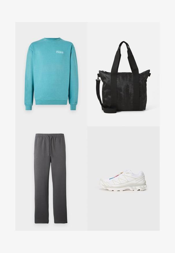 Türkiser Baumwoll-Sweatshirt, Rundhalsausschnitt, lange Ärmel, gerippte Bündchen und Saum, mit kleinem weißen Grafiklogo auf der linken Brust.; Graue Sporthosen mit einem elastischen Taillenbund, Kordelzug und glatter Textur. Verfügt über ein gerades Bein-Design und keine sichtbaren Taschen.; Weiße Sportlich-Schuh mit strukturiertem Mesh-Obermaterial, reflektierenden Akzenten und einer gepolsterten Sohle. Auffälliges Markenlogo an der Seite.; Schwarze Tote-Tasche aus strukturiertem Stoff, mit zwei oberen Griffen und einem abnehmbaren Schultergurt. Sie verfügt über einen Reißverschluss für sicheren Stauraum.