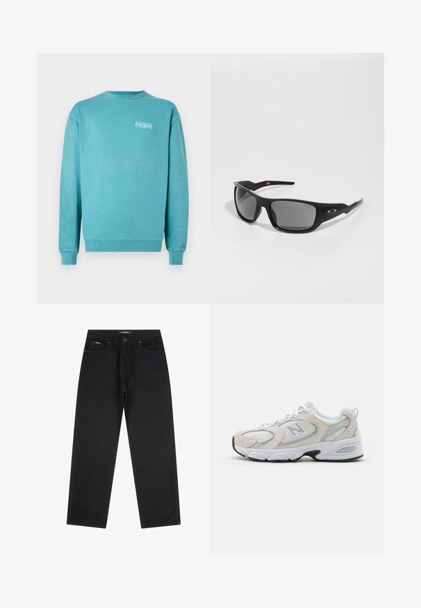 Turkizna bombažna majica s dolgimi rokavi, krožna ovratnika, dolgi rokavi, rebrasti manšeti in rob. Na levem prsnem delu je majhen beli grafični logo.; Črne naravnost rezane kavbojke z gumbom in zadrgo spredaj, z zankami za pas in petimi žepi, položene na belo ozadje.; Atletski čevlji z lahkotnim sivim mrežastim zgornjim delom in usnjenimi poudarki, belimi vezalkami in črnim gumijastim podplatom. Opazna podrobnost ABZORB blaženja.; Črne sončne očala pravokotne oblike, narejene iz trdne plastike, z sivo toniranimi lečami in zlatim poudarkom ob strani.