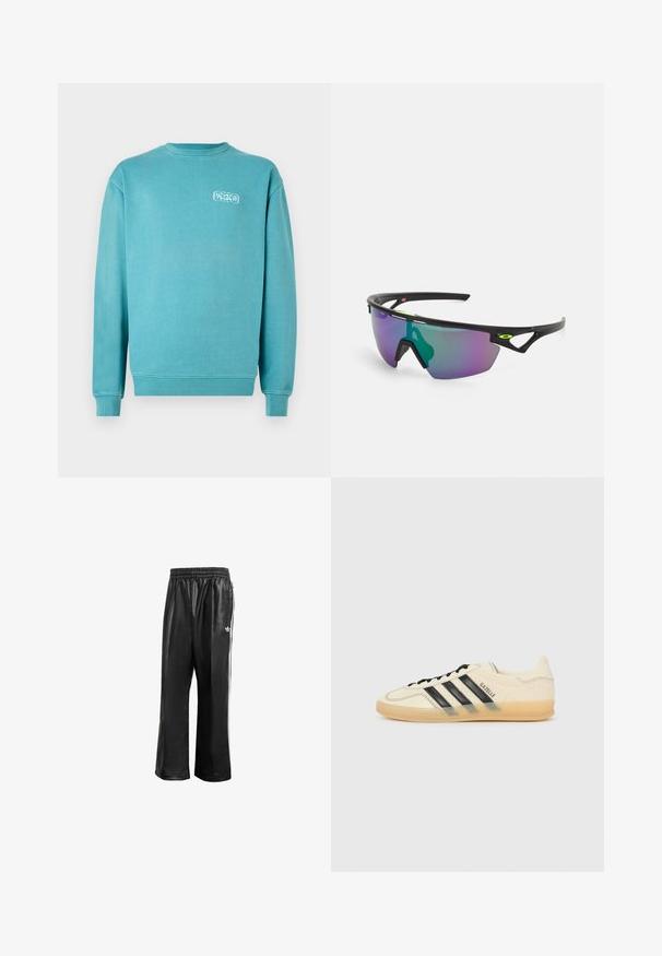 Tirkizni pamučna dukserica, okrugli izrez, dugi rukavi, rebrasti manžeti i donji rub, ima mali bijeli grafički logo na lijevoj strani grudi.; Crne sintetičke trenirke s elastičnom waistbandom, sa bijelim bočnim prugama i malim bijelim logoom na lijevom kuku.; Svijetlosmeđi tenisice s crnim dizajnom tri pruga, teksturirana gornja strana, okrugli vrh i đon od gume. Ima vezice i brendiranje sa strane.; Sportske sunčane naočale s crnim okvirom, velikim gradijentnim staklima u ljubičastim i zelenim nijansama, te kutnim dizajnerskim naglascima s logotipom.