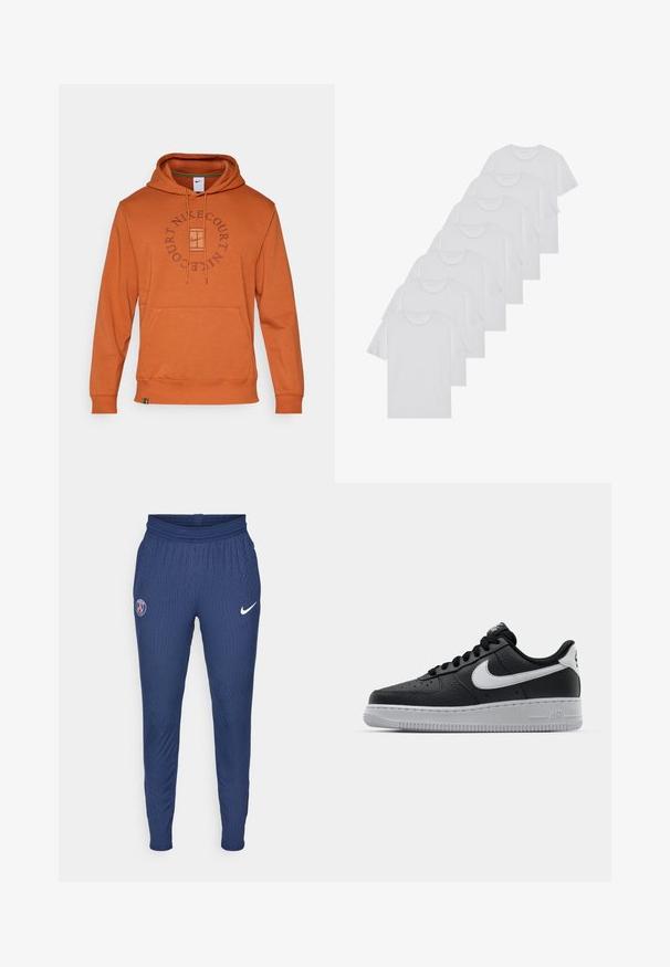 Oranžinė džemperis su gobtuvu, pagamintas iš medvilnės mišinio, su priekiu esančia kišene, raišteliais ir apvaliu "Nike Court" logotipu tamsiai mėlynos spalvos ant krūtinės.; Baltos medvilninės marškinėliai, trumpomis rankovėmis, apvaliu kaklu, lygia tekstūra, sušluoti į eilę, su subtiliu prekės ženklu ant kaklo.; Jūrinės sportinės kelnės, pagamintos iš tekstūruoto audinio, su Paryžiaus logotipu ant kairiojo šlaunies ir balta Nike swoosh ženklu dešinėje.; Juoda odinė sportinė avalynė su tekstūruota danga, balta Nike swoosh, pilkas padas, apvalus nosis ir raištelių užsegimas. Yra perforacijos ant nosies.