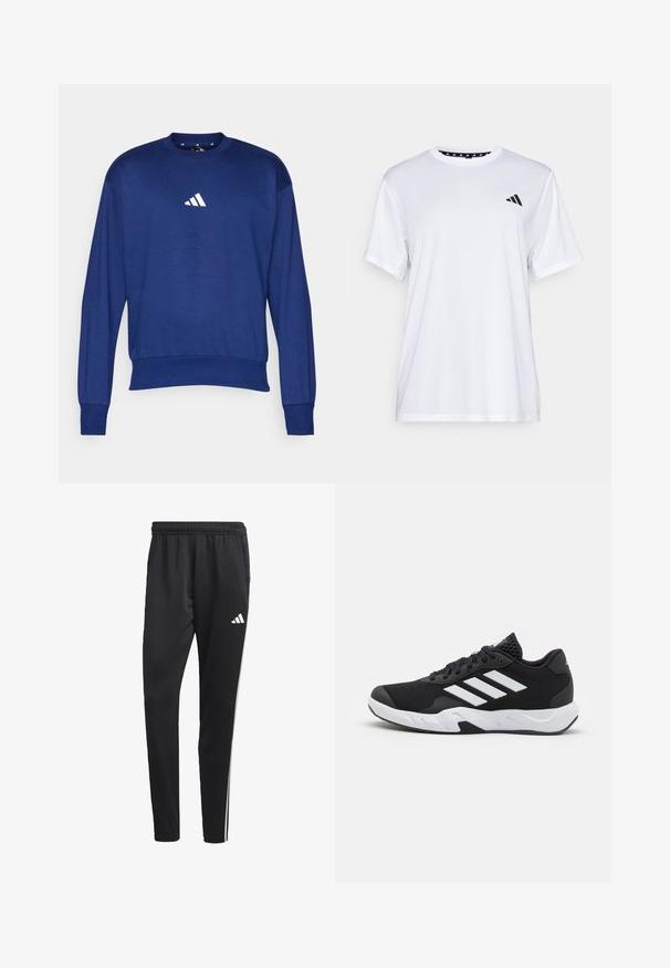 Sweatshirt azul de mangas compridas feito de tecido suave. Apresenta um decote redondo e um logótipo branco da Adidas no peito. Punhos e bainha canelados.; Camiseta atlética branca de mangas curtas, feita de tecido que absorve a humidade. Apresenta um logótipo preto no lado esquerdo do peito e um decote interior com padrão.; Calças de treino pretas com um cós elástico, riscas laterais brancas e um pequeno logotipo branco na coxa. Feitas de um material leve e suave.; Tenis negros desportivos com um superior em malha texturizada, riscas brancas de destaque, sola acolchoada e um calcanhar reforçado para suporte.