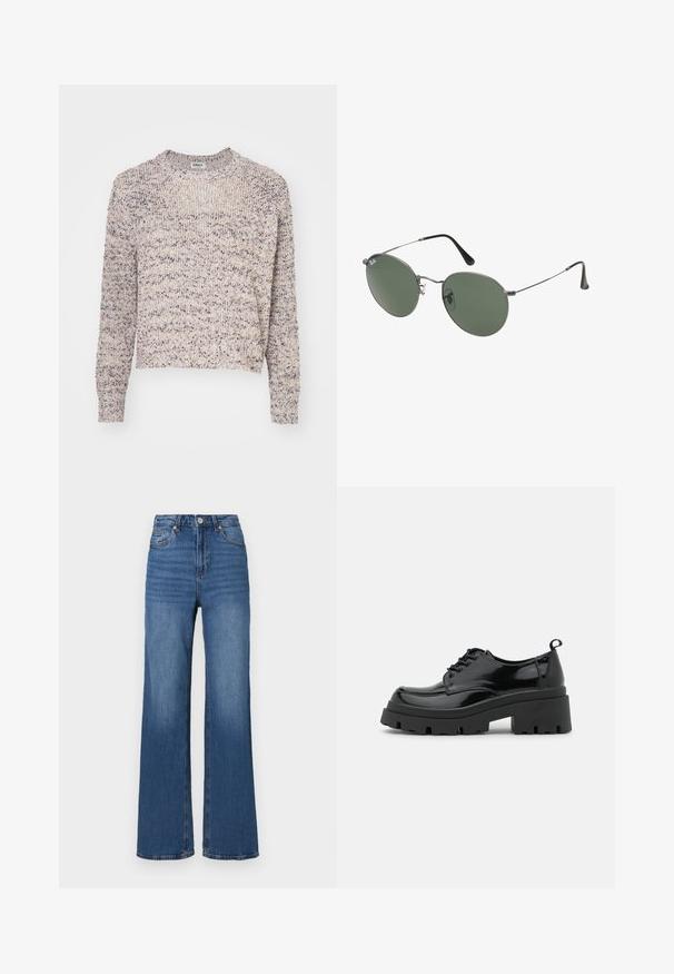 ONLY ONLBEAUTY NECK - Camisola - cloud dancer; Jeans azuis de cintura alta e perna larga, feitos de denim, com um clássico design de cinco bolsos e desbotamento subtil ao longo das pernas.; Sapatos pretos deverniz com uma sola de plataforma chunky e cadarços grossos. Bico arredondado, detalhes mínimos e uma pequena aba no calcanhar.; Óculos de sol com armação metálica e lentes verdes ovais. Armação fina em metal prateado e pontas das orelhas pretas. Design minimalista, sem logótipos visíveis.