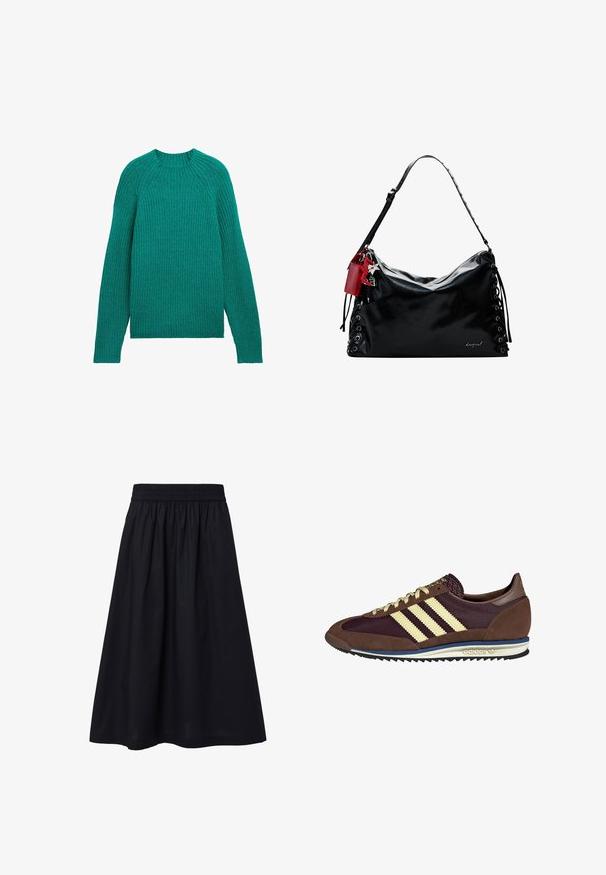 Pull en maille côtelée d'une couleur teal vibrante avec un col rond et des manches longues, présentant une coupe décontractée et un tissu texturé.; Jupe noire longueur genoux fabriquée en tissu léger. Caractérisée par une taille élastique et une texture simple et lisse. Pas de motifs ni d'ornements visibles.; Baskets marron et bordeaux avec des matériaux en daim et en maille, présentant trois rayures crème, un tissu texturé sur la languette et une semelle en caoutchouc.; Sac à main en cuir noir au design décontracté, avec des détails lacés sur les côtés et une étiquette d'accent rouge. Dispose d'une longue bandoulière réglable.